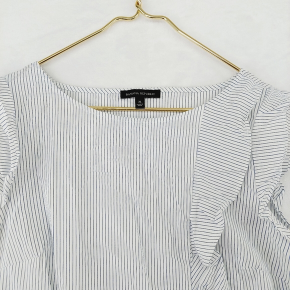 Banana Republic White Blue Fine Stripe Cotton Ruffle Front Sleeveless Top P2540 - Picture 2 of 7